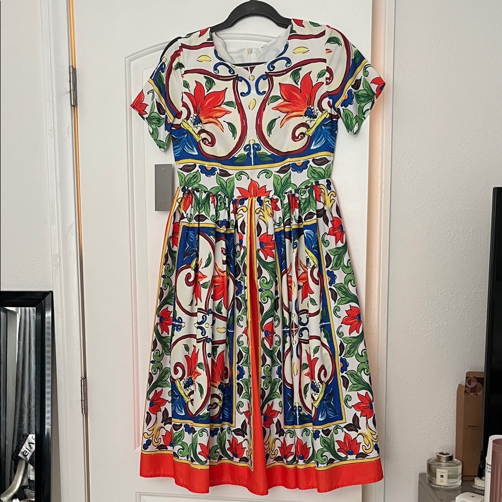 Floral Patterned Dress with Red and Green Accents